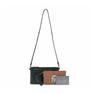 Trio Set Black Brown Silver Pouch Handbag